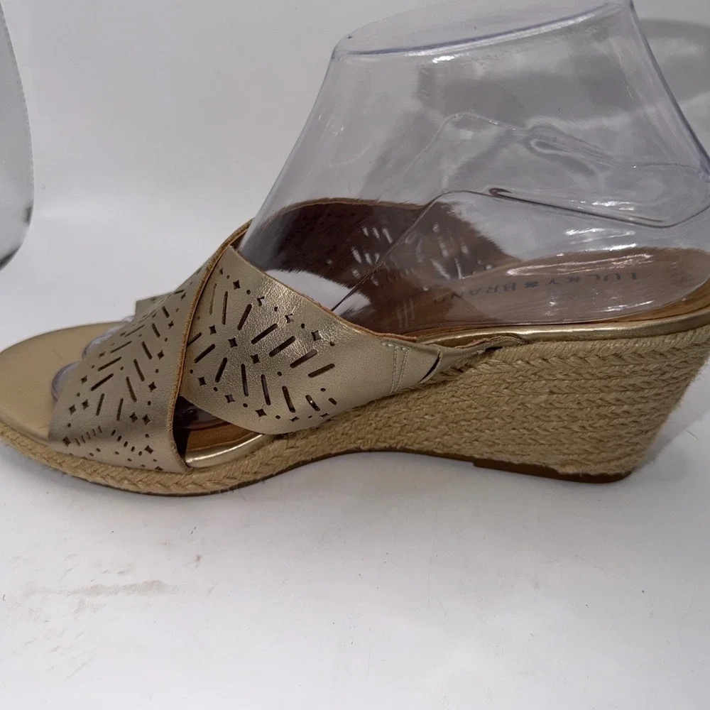Lucky Brand W(9) Keela Gold Laser Cut Espadrille Wedge Sandals Boho Summer Glam‎